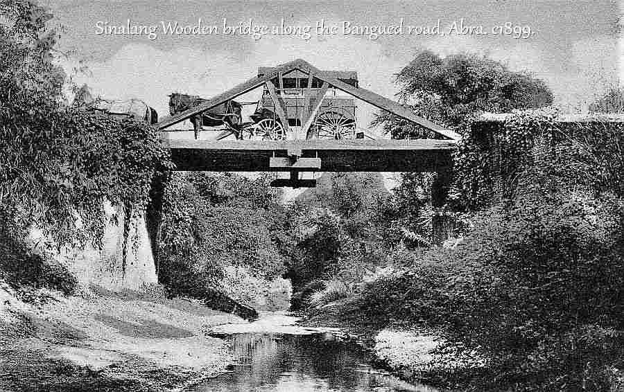 Sinalang Wooden bridge along the Bangued road, Abra. Philippines c1899